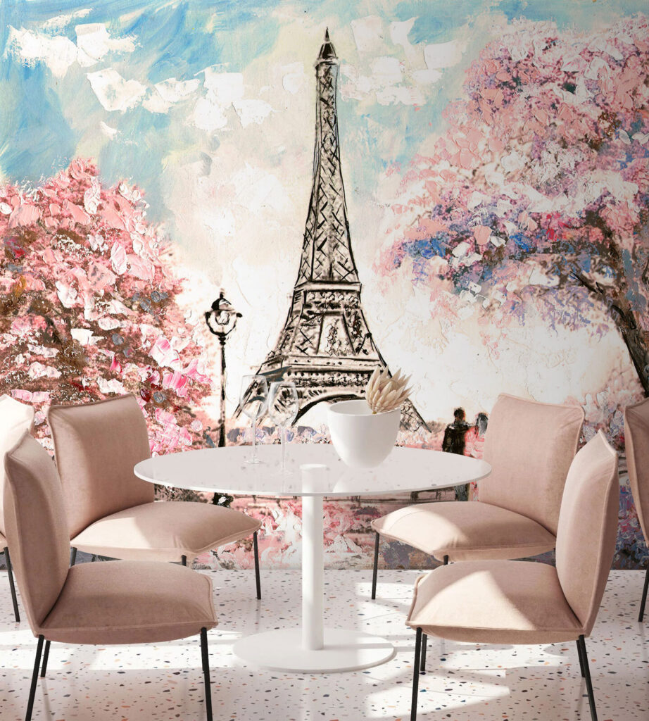 Painting of a tower with pink flowers Painting of a tower with pink flowers