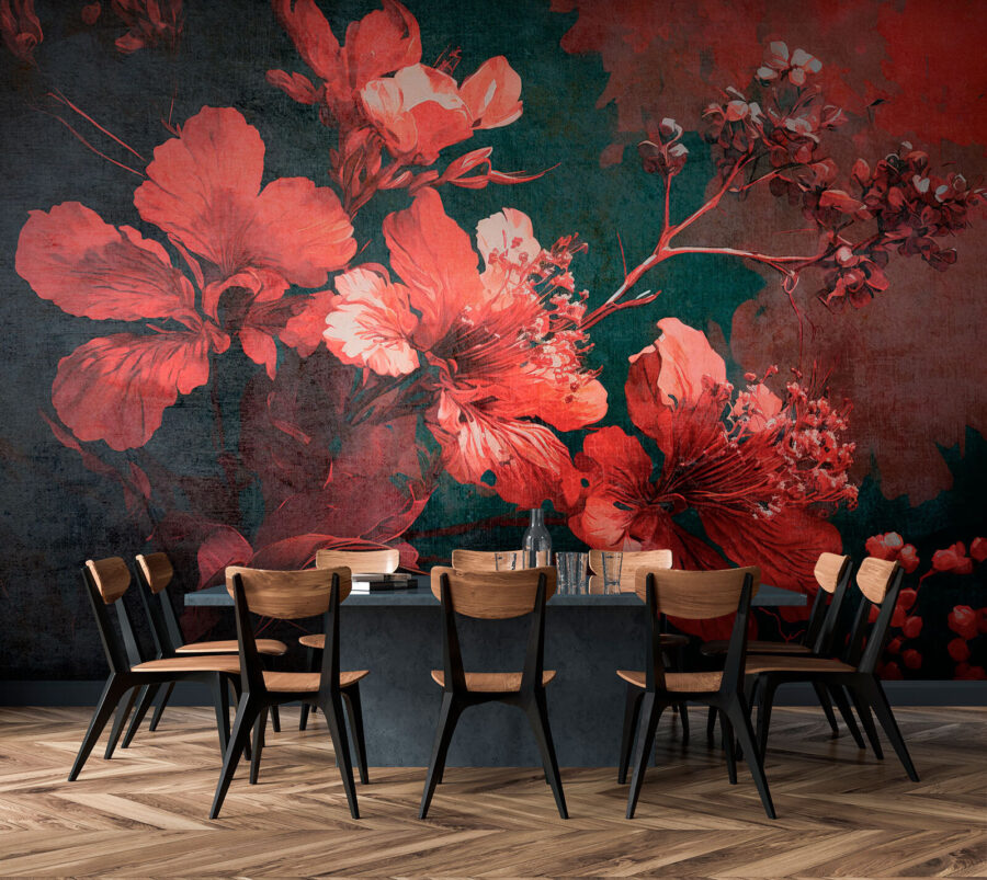 Vibrant blossoms amid dark foliage.