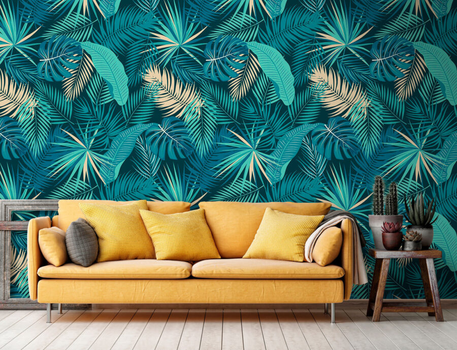 Pattern of leaves on a blue background