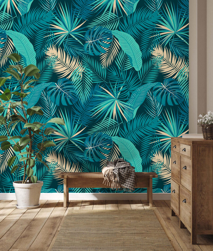 Pattern of leaves on a blue background