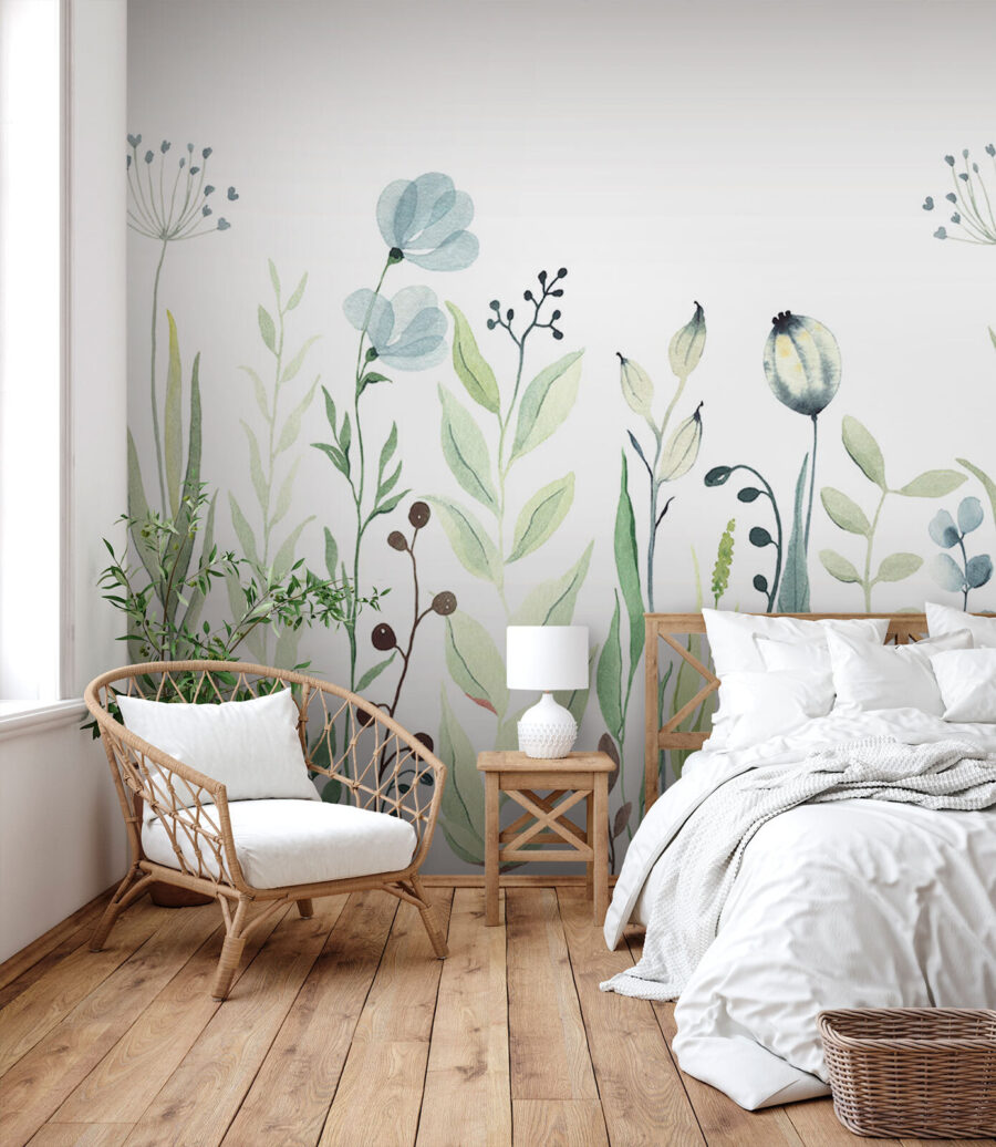 Watercolor painting of flowers and leaves