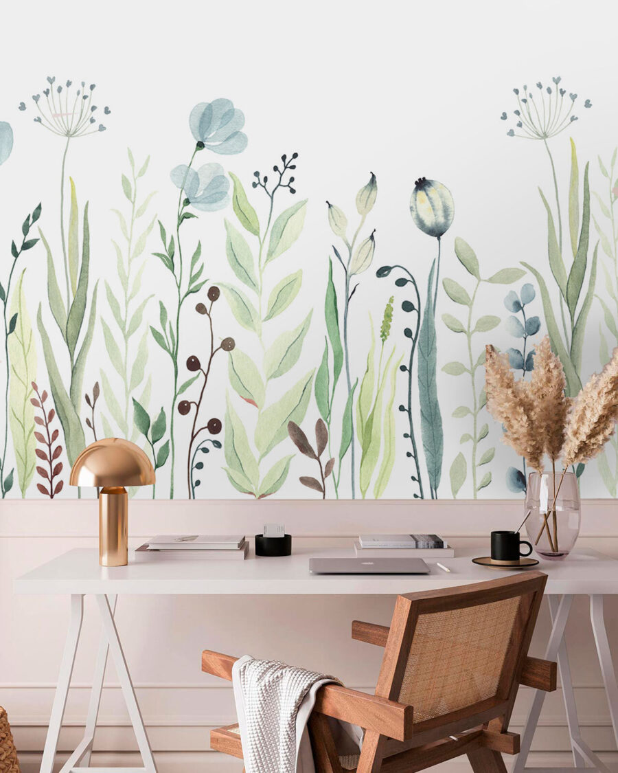 Watercolor painting of flowers and leaves