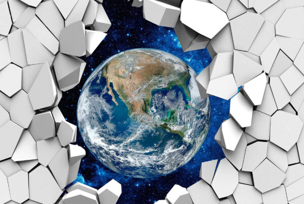 Planet earth breaking through a hole in the wall Planet earth breaking through a hole in the wall