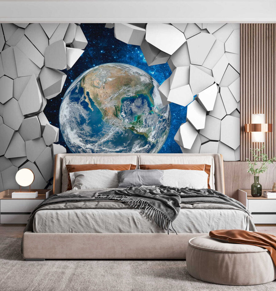 Planet earth breaking through a hole in the wall Planet earth breaking through a hole in the wall