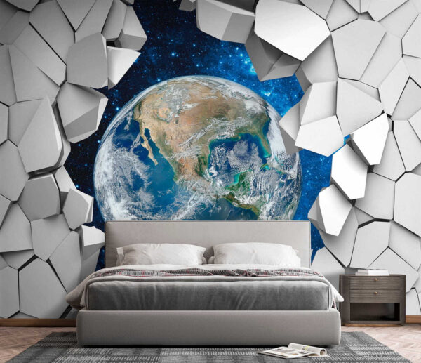 Planet earth breaking through a hole in the wall Planet earth breaking through a hole in the wall