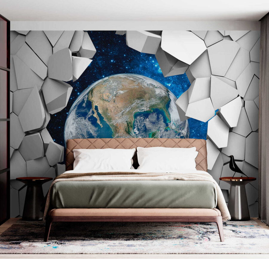 Planet earth breaking through a hole in the wall Planet earth breaking through a hole in the wall
