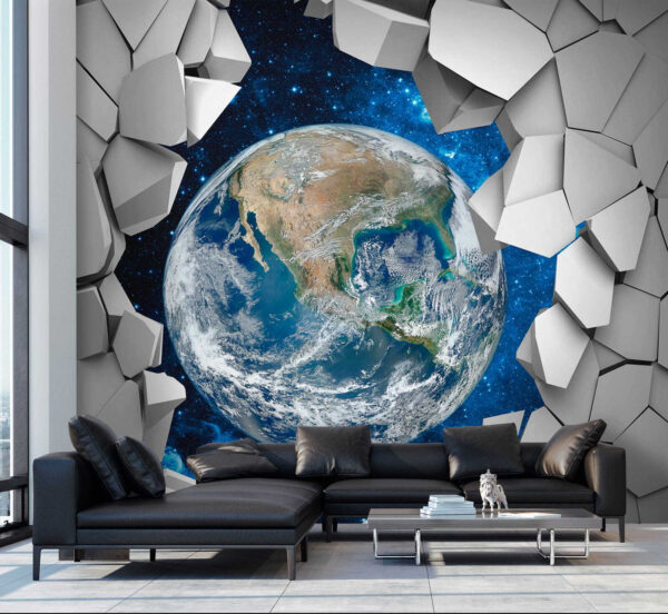 Planet earth breaking through a hole in the wall Planet earth breaking through a hole in the wall