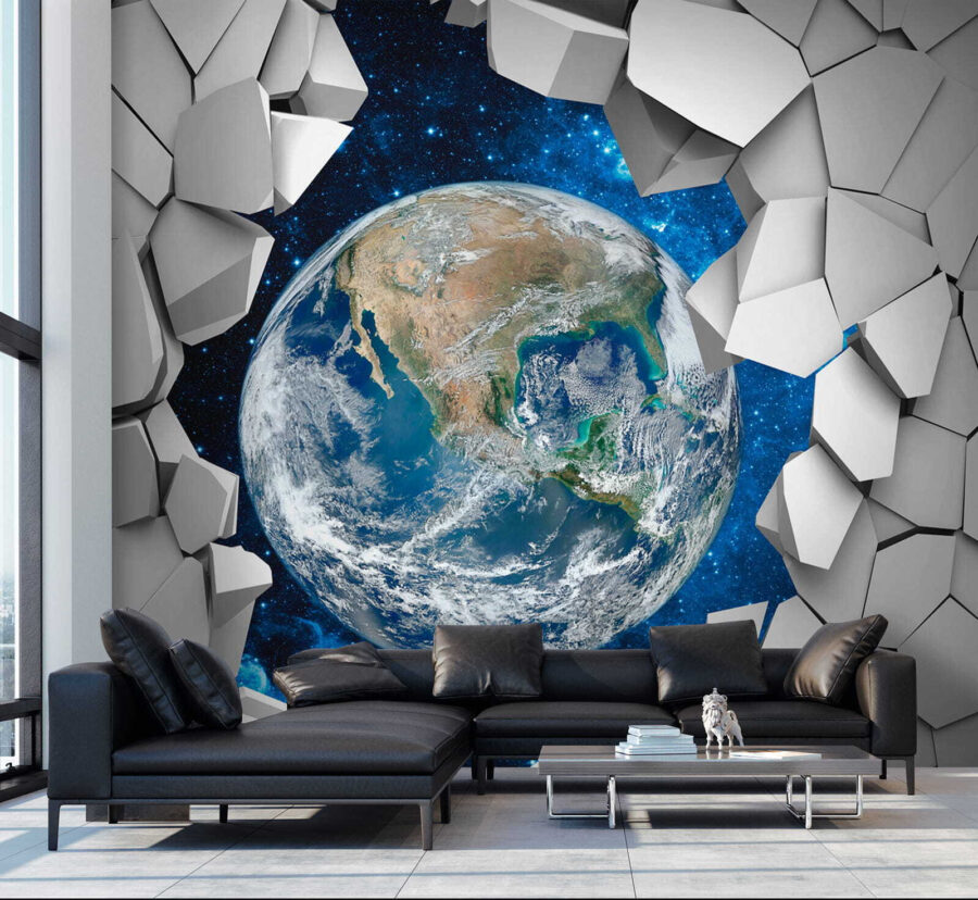Planet earth breaking through a hole in the wall Planet earth breaking through a hole in the wall