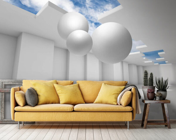 White room with white walls and white balls White room with white walls and white balls
