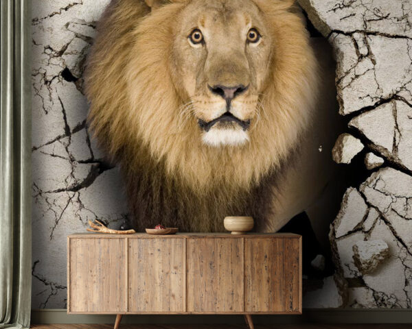 Lion walking through a crack wall Lion walking through a crack wall