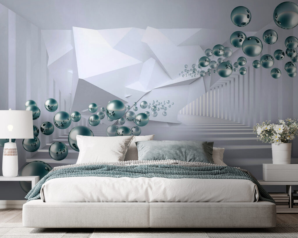 White room with white walls and white columns and silver balls