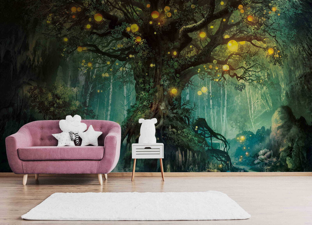 Painting of a tree with lights on it Painting of a tree with lights on it