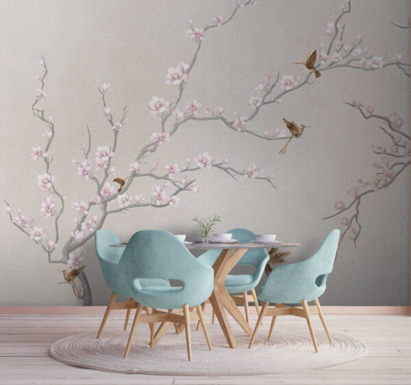 Painting of a tree branch with flowers and birds Painting of a tree branch with flowers and birds