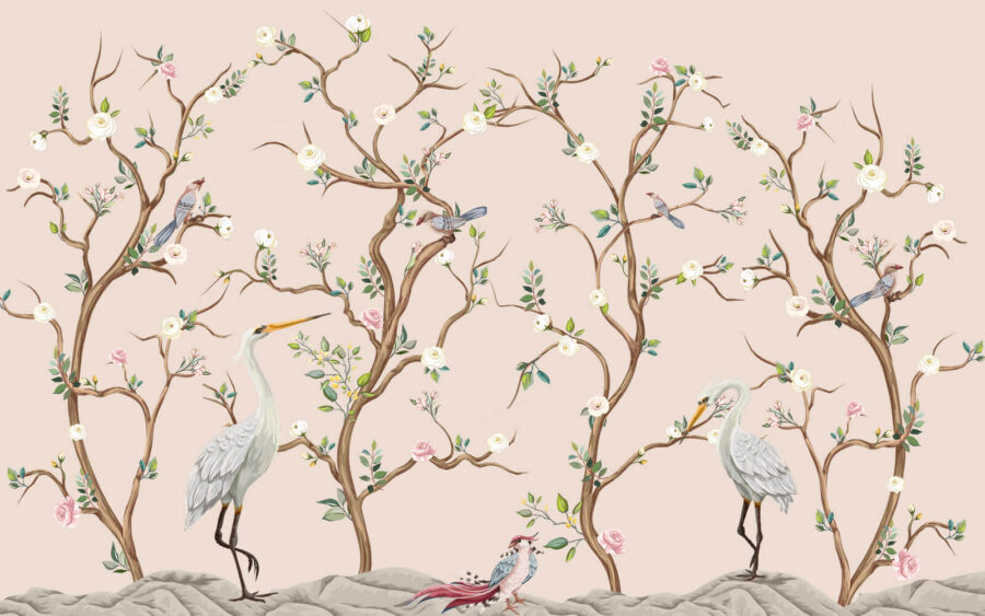 Wallpaper with birds and flowers