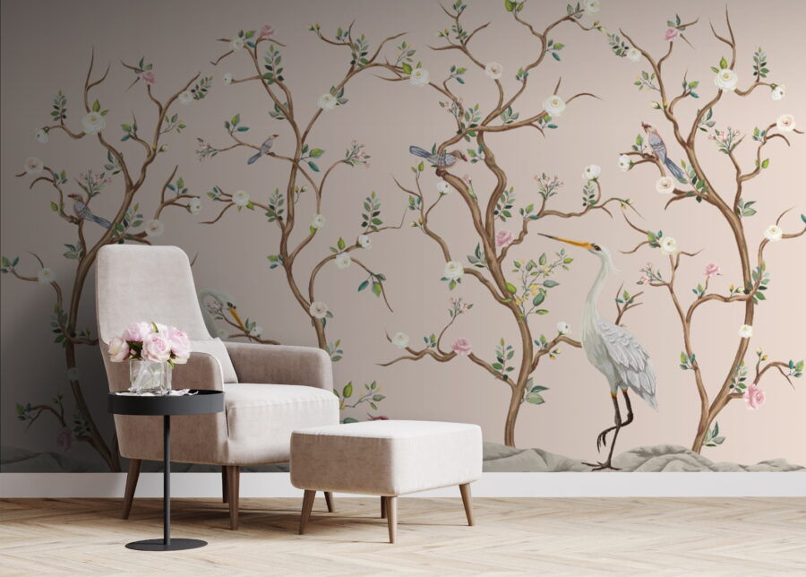Wallpaper with birds and flowers