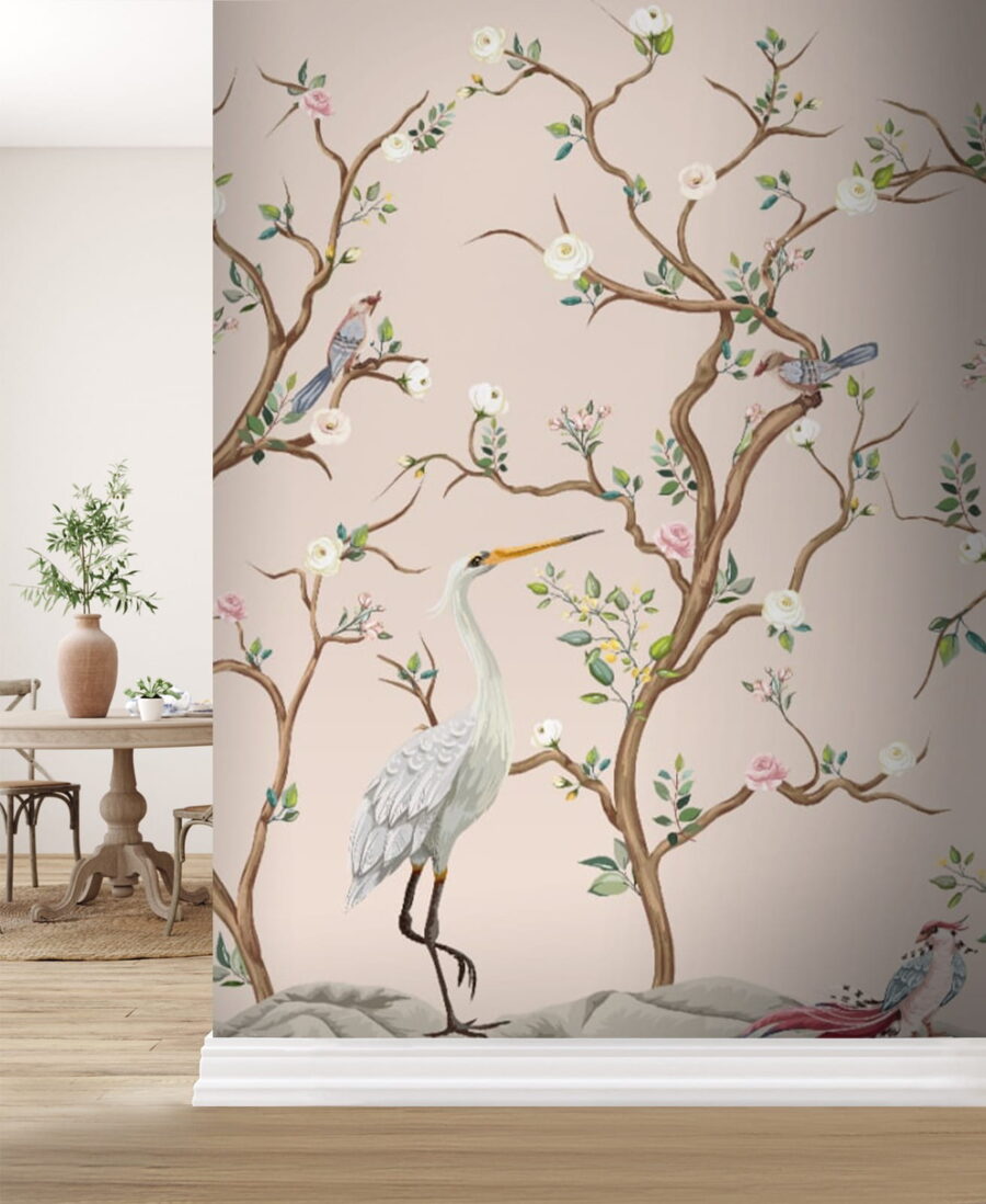 Wallpaper with birds and flowers