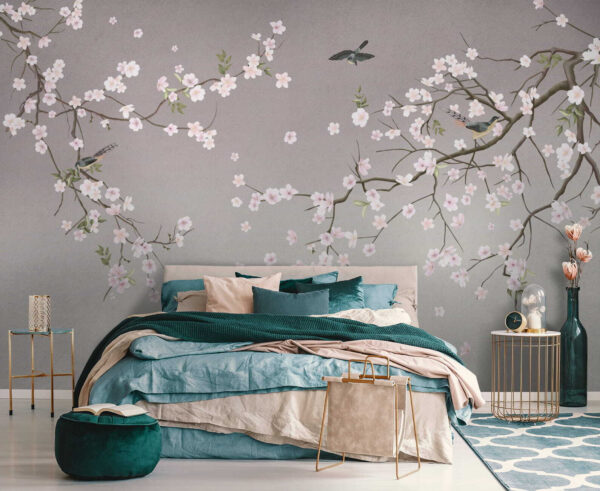Tree branch with flowers and birds Tree branch with flowers and birds