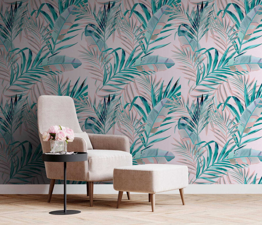 Pattern of leaves on a pink background