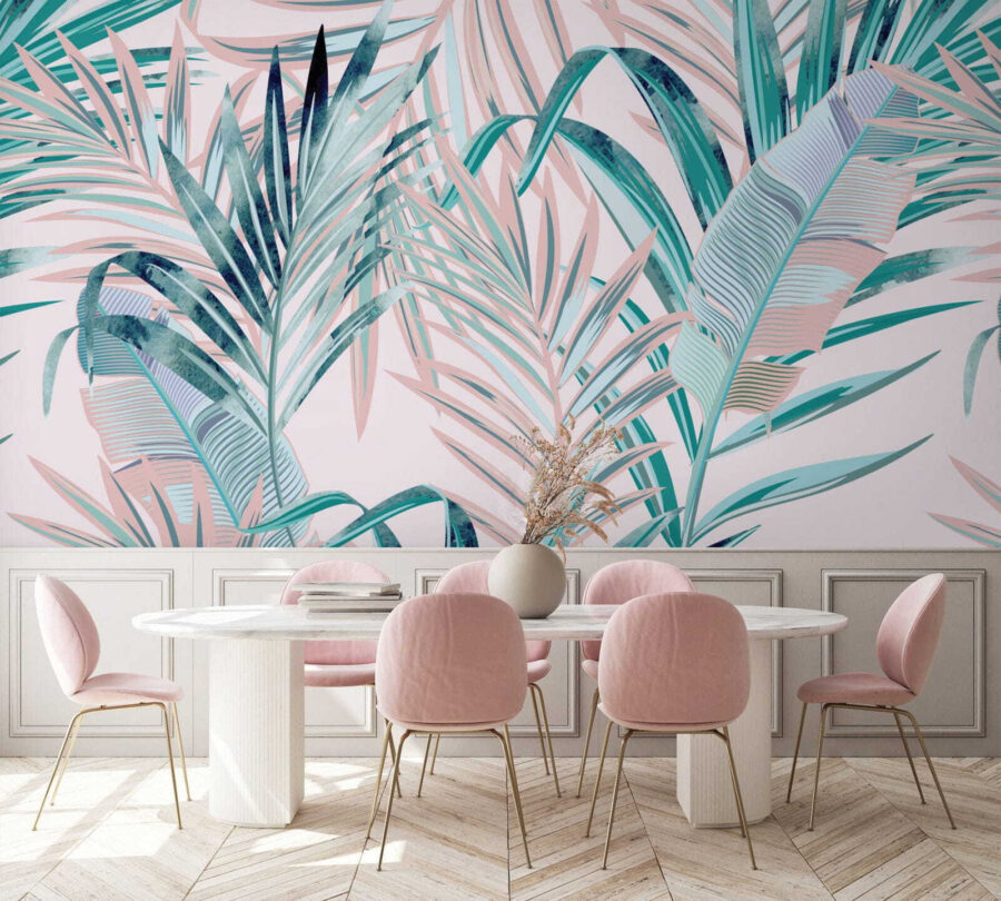 Pattern of leaves on a pink background