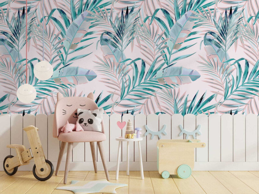 Pattern of leaves on a pink background