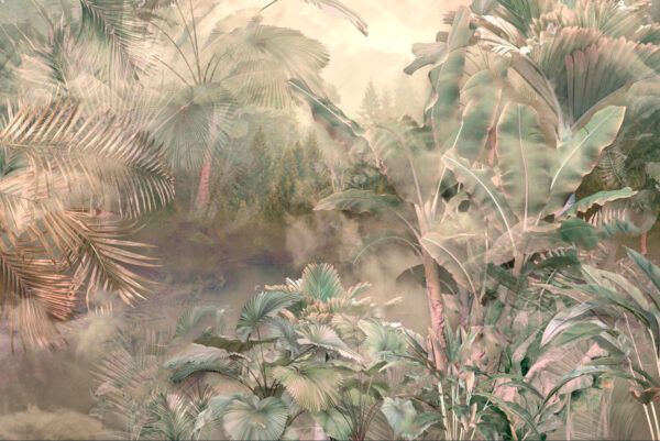 Foggy forest with trees and plants Foggy forest with trees and plants