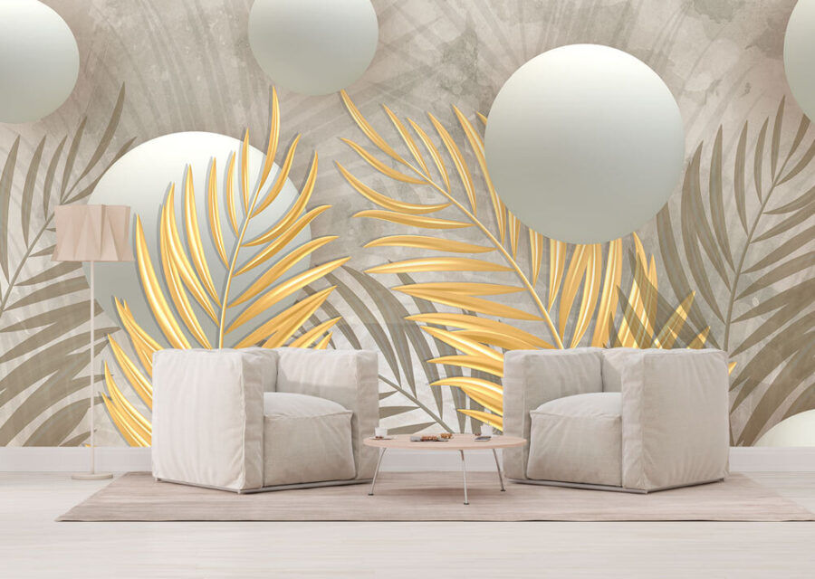 Spheres and leaves in metallic hues.