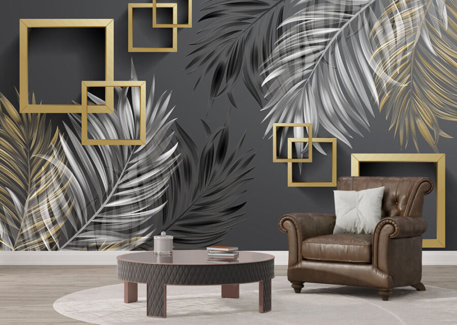 Wallpaper with feathers and square frames