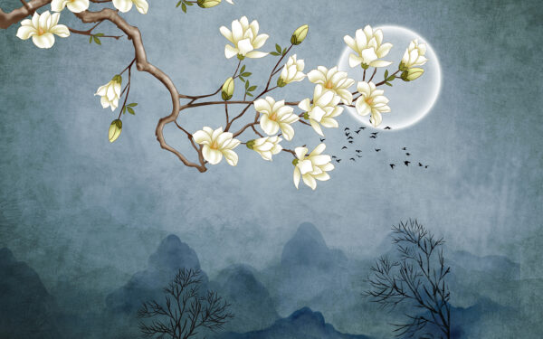A painting of a tree branch with white flowers A painting of a tree branch with white flowers