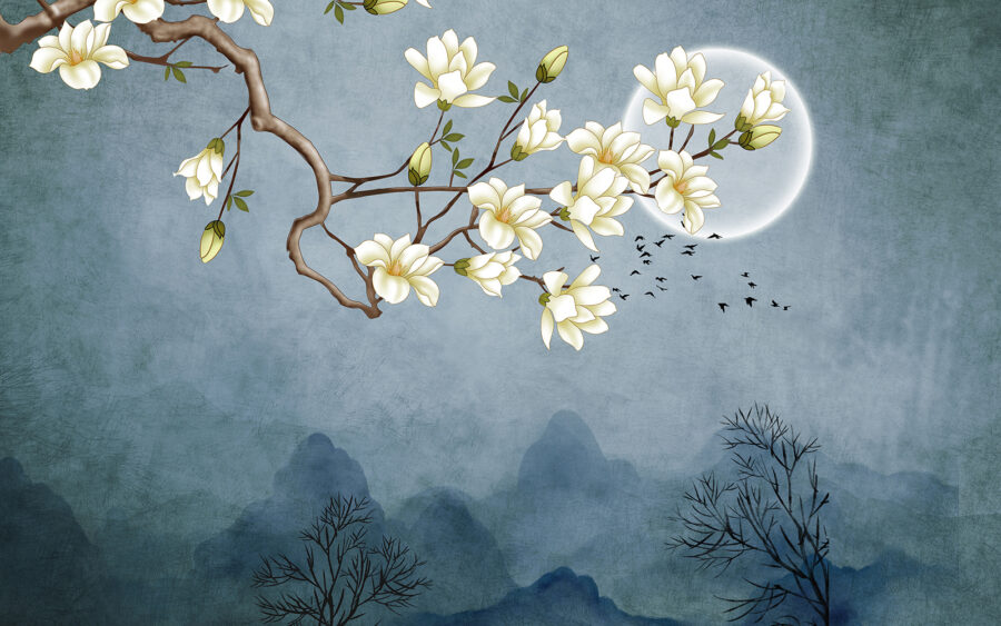 A painting of a tree branch with white flowers