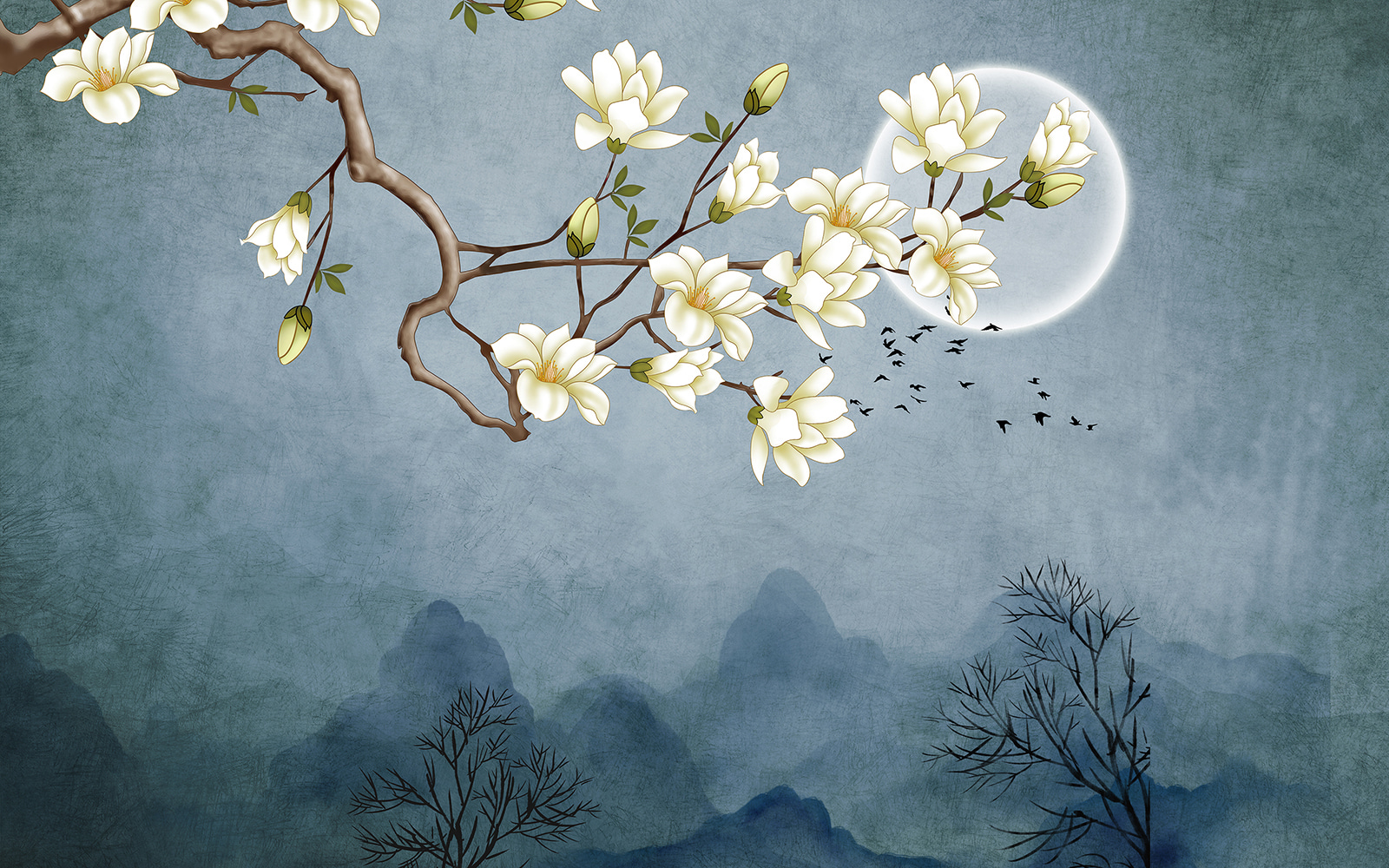 A painting of a tree branch with white flowers u92999p - A painting of a tree branch with white flowers - tegory