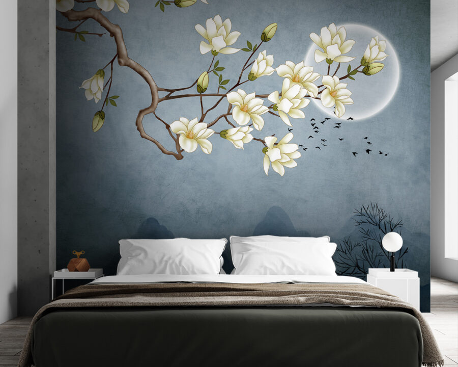 A painting of a tree branch with white flowers