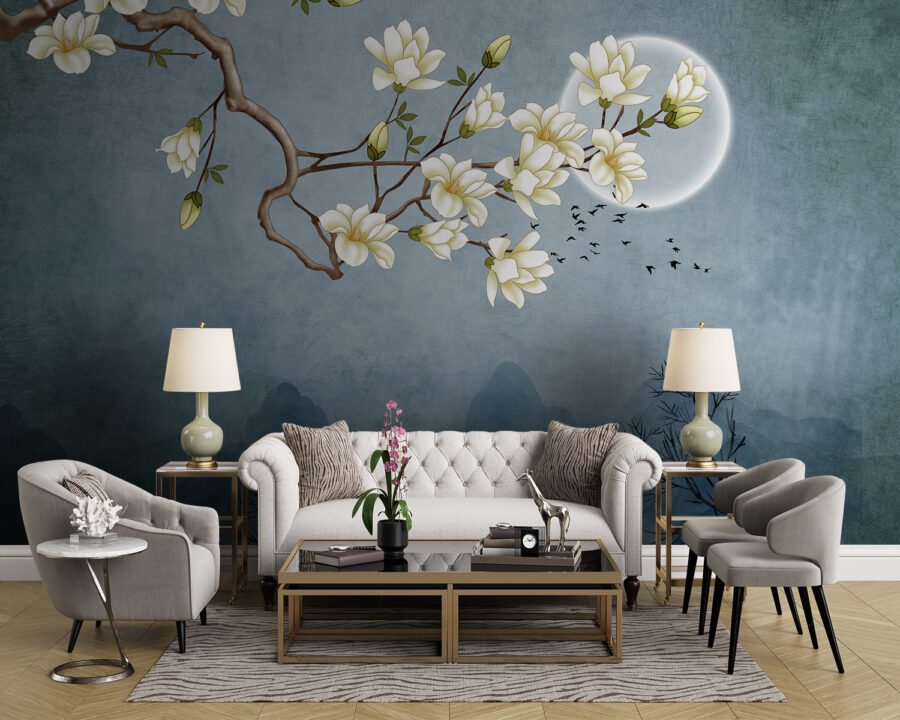 A painting of a tree branch with white flowers