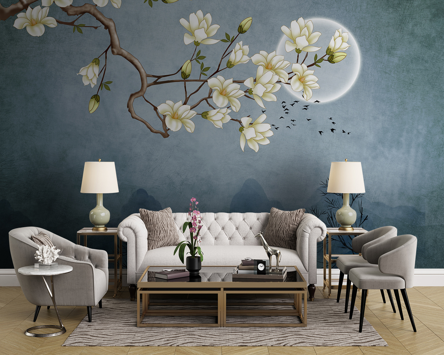 A painting of a tree branch with white flowers u92999pig43m - A painting of a tree branch with white flowers - tegory