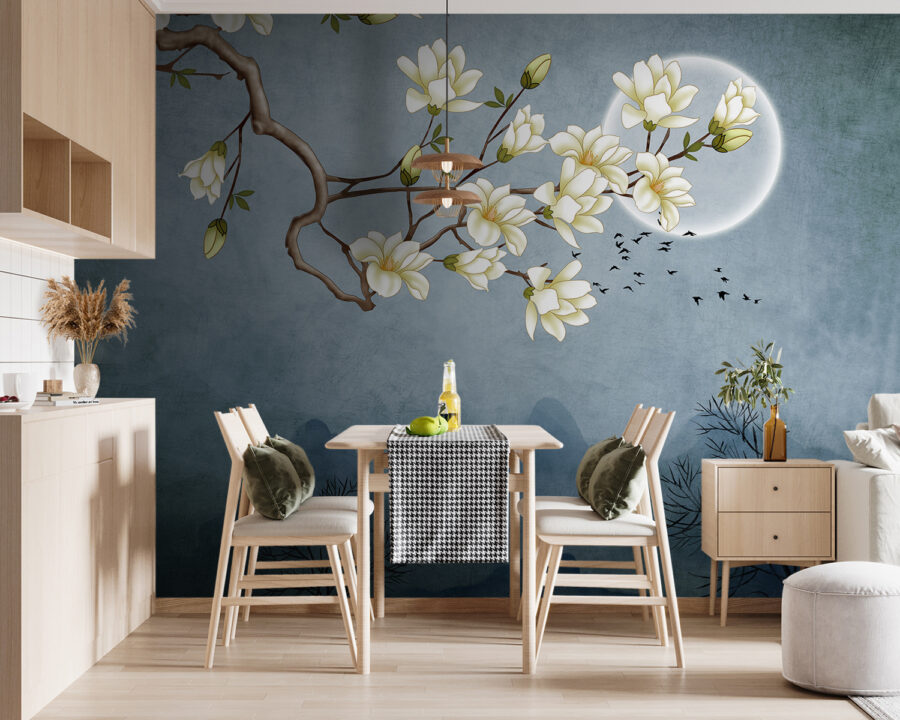 A painting of a tree branch with white flowers