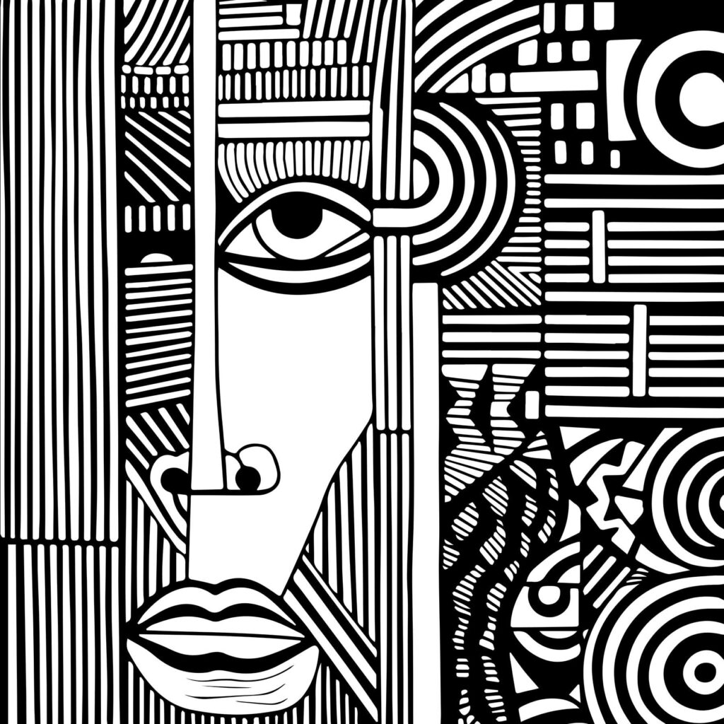 A black and white drawing of a face