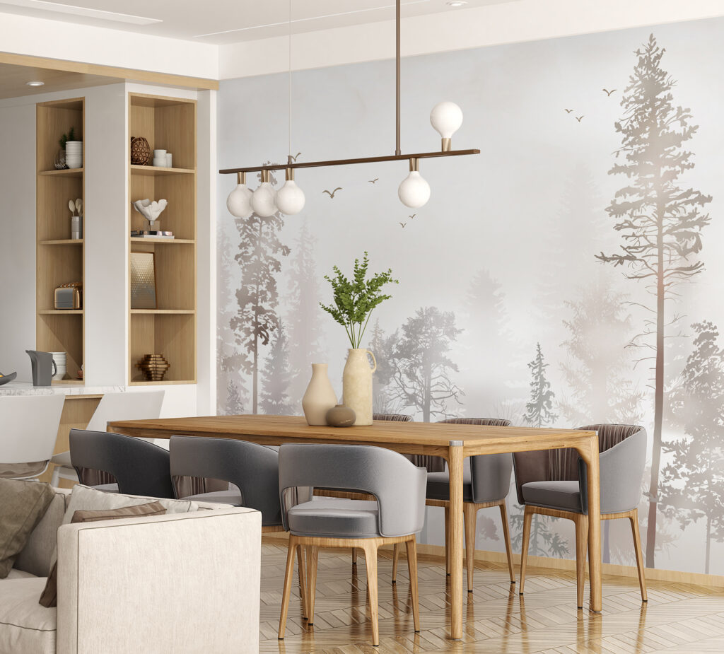 A group of trees in a foggy forest A group of trees in a foggy forest