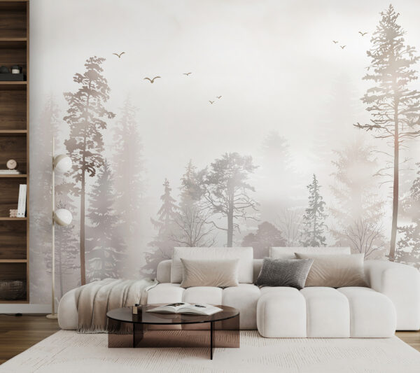 A group of trees in a foggy forest A group of trees in a foggy forest