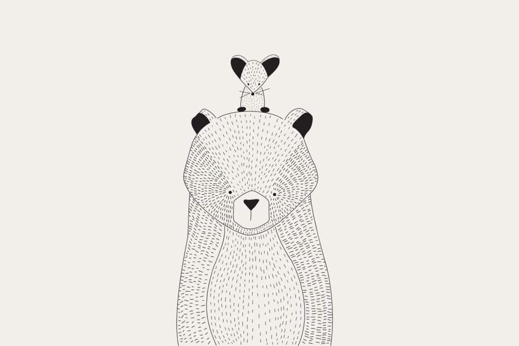 A bear with a mouse on its back