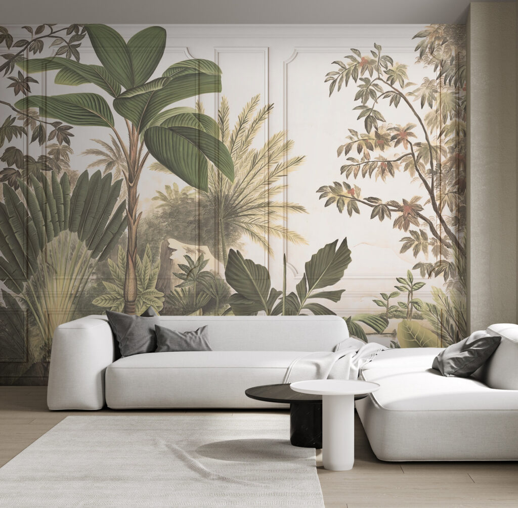 A wallpaper with a painting of trees and plants A wallpaper with a painting of trees and plants