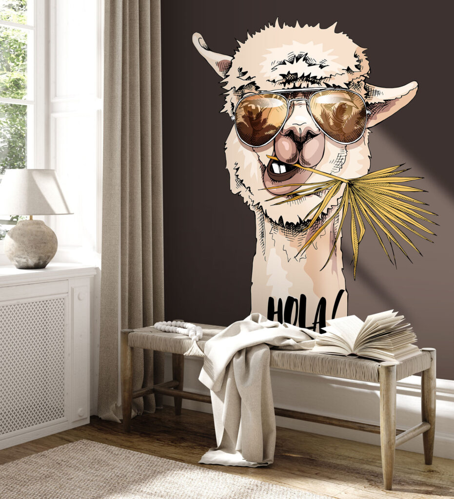 A llama wearing sunglasses and eating a leaf