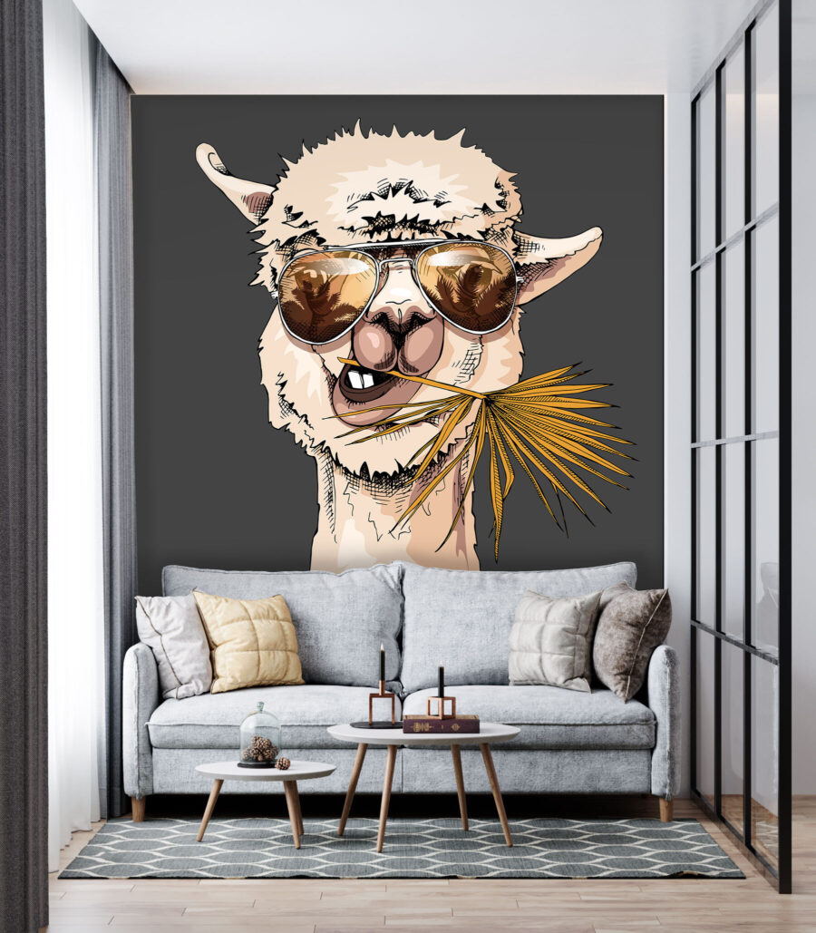A llama wearing sunglasses and eating a leaf A llama wearing sunglasses and eating a leaf