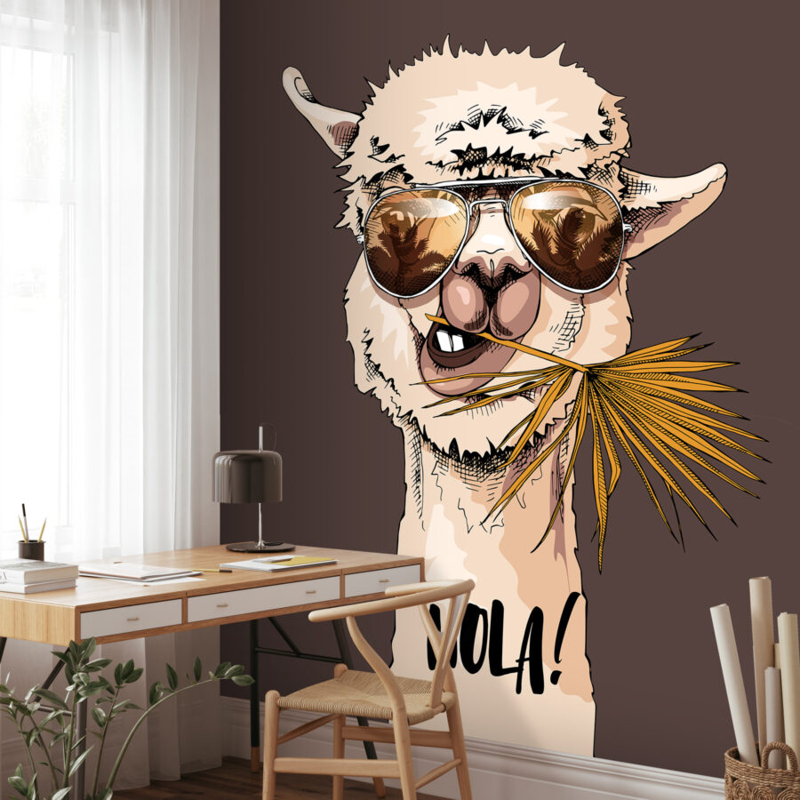 A llama wearing sunglasses and eating a palm leaf