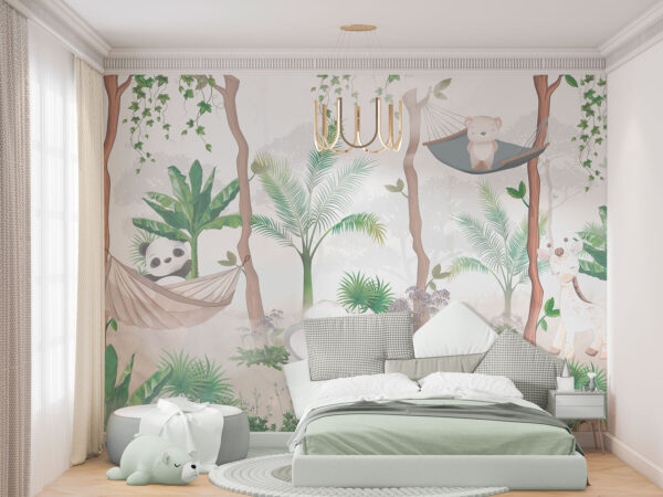 A wallpaper with animals in hammocks in the forest A wallpaper with animals in hammocks in the forest