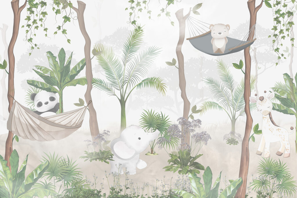 A wallpaper with animals in hammocks in the forest A wallpaper with animals in hammocks in the forest