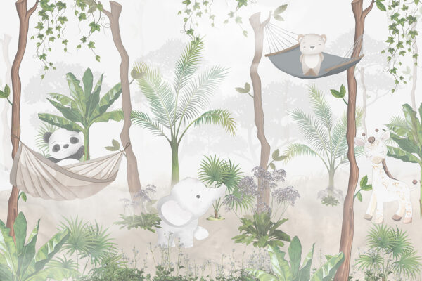 A wallpaper with animals in hammocks in the forest A wallpaper with animals in hammocks in the forest
