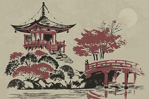 A painting of a pagoda and a bridge A painting of a pagoda and a bridge