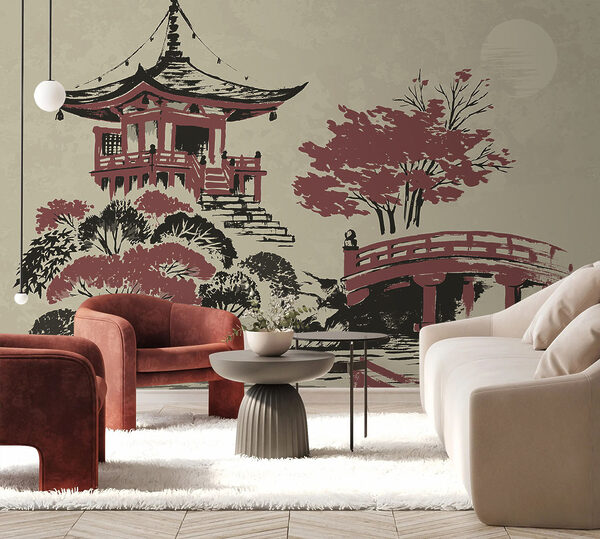 Wall murals A painting of a pagoda and a bridge (SKU: u97635) Wall murals Wall murals A painting of a pagoda and a bridge (SKU: u97635)