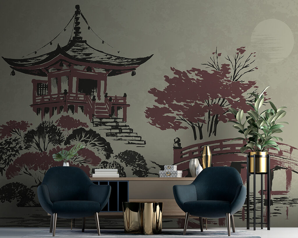 A painting of a pagoda and a bridge A painting of a pagoda and a bridge