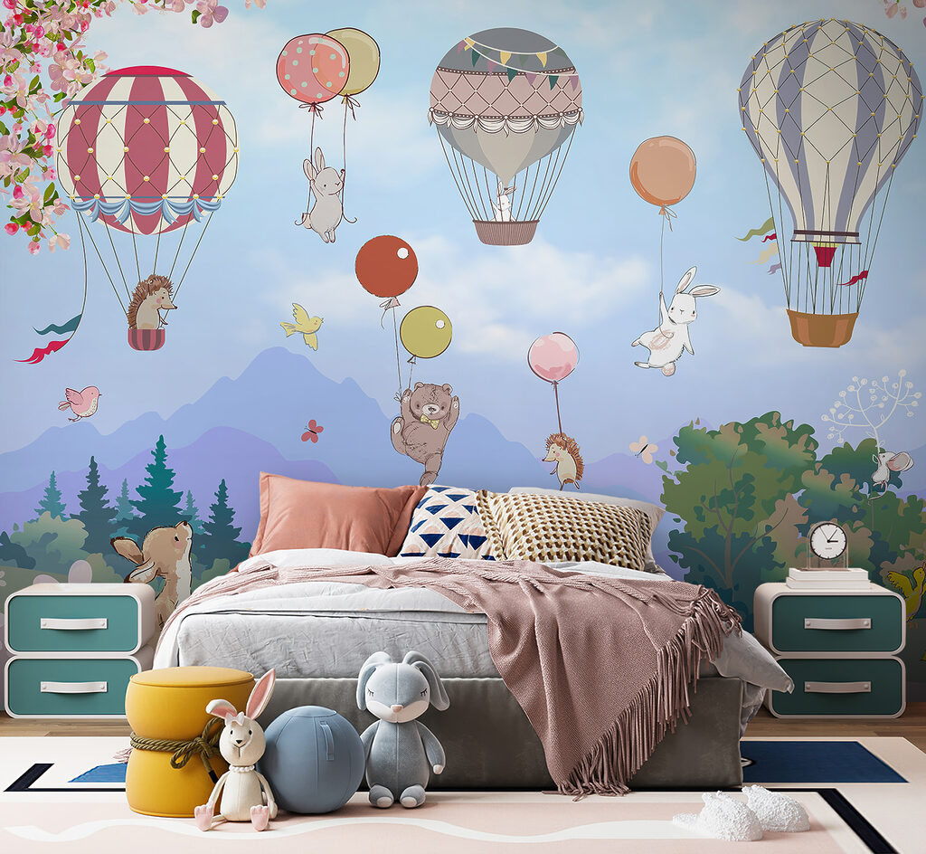 A cartoon of animals and hot air balloons A cartoon of animals and hot air balloons