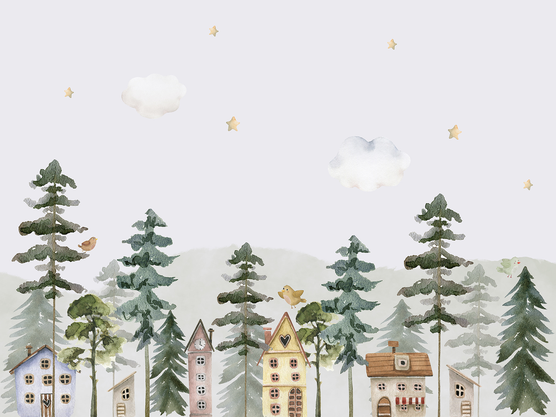 A watercolor painting of houses and trees A watercolor painting of houses and trees